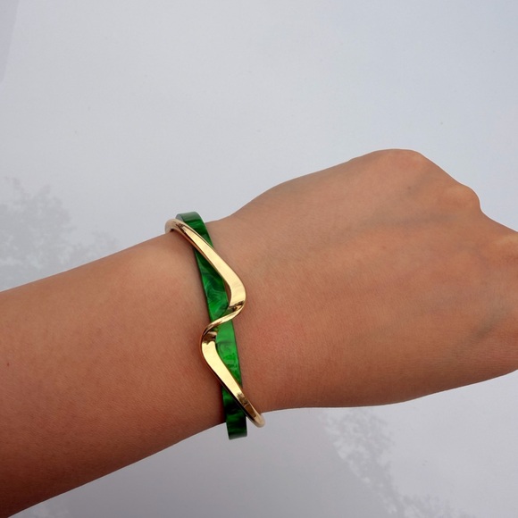 Anthropologie Gold-Tone Wave Cuff with Emerald Green Inlay - Picture 3 of 3